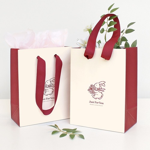 래빗 종이쇼핑백 (2매) 스노우지 토끼 베이지 고급선물 일러스트 버건디  깔끔한 쇼핑백