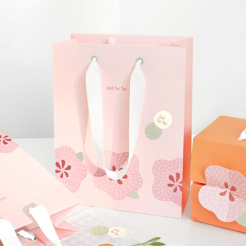 베이비핑크 플라워 종이쇼핑백 (2매) 스노우지 벚꽃 고급선물 일러스트 골지끈  이쁜 쇼핑백