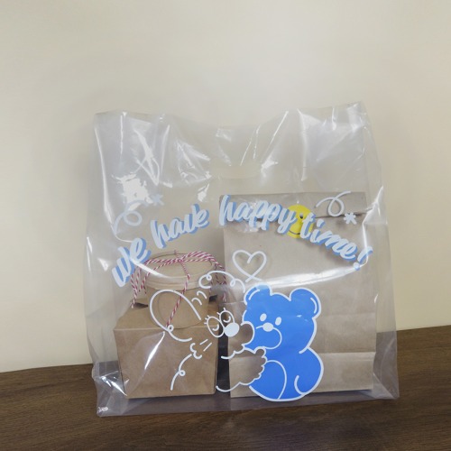 해피타임 PE 비닐쇼핑백 (50매)   일러스트 의류 테이크아웃 베어 곰돌이 포장